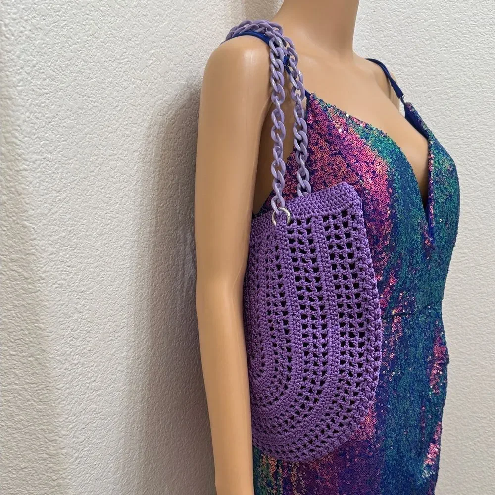 Elegant Purple Crochet Shoulder Bag 12 X 12 In Black Lining Silver Snap Closure